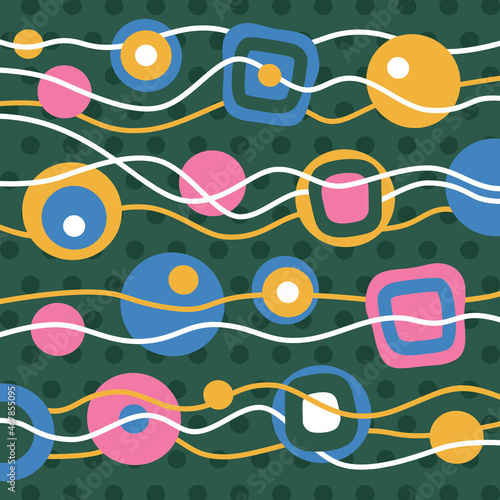 Abstract background with wavy lines and geometric shapes on a green backdrop. Flat vector illustration.