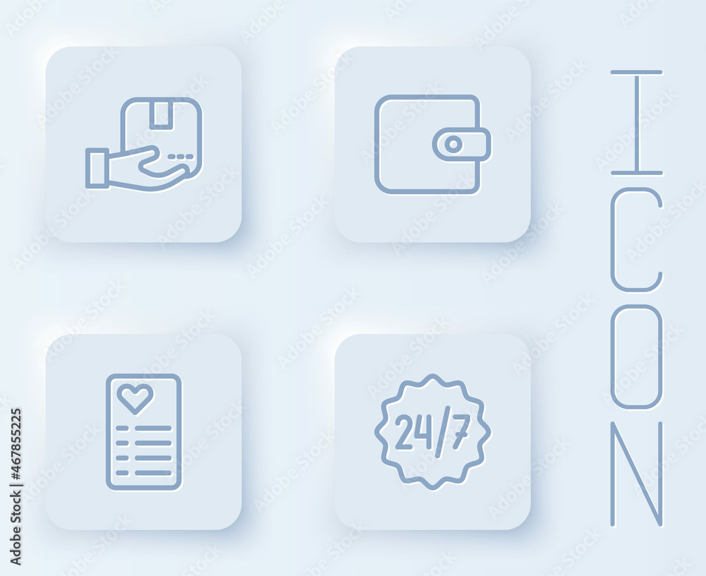 Set line Delivery hand with box, Wallet, Shopping list and Clock 24 hours. White square button. Vector Set line Delivery hand with box, Wallet, Shopping list and Clock 24 hours. White square button. Vector