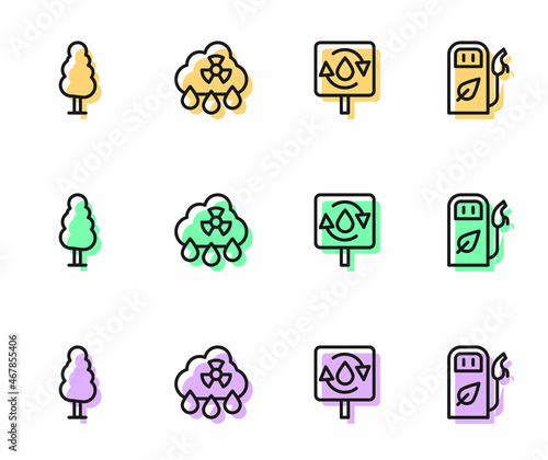 Set line Recycle clean aqua, Tree, Acid rain radioactive cloud and Petrol or gas station icon. Vector