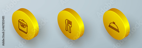 Set Isometric line Slow cooker, Crossed knife and fork and Covered with tray of food icon. Vector