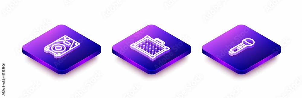 Set Isometric line Stereo speaker, Guitar amplifier and Microphone icon. Vector Set Isometric line Stereo speaker, Guitar amplifier and Microphone icon. Vector