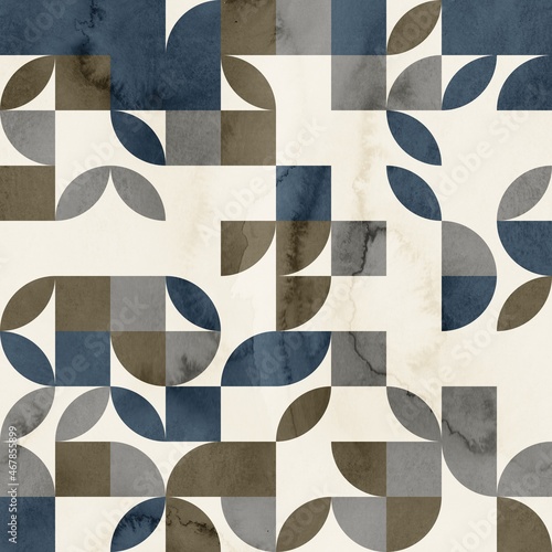 Seamless mid century retro watercolor geometric surface pattern design for print. High quality illustration. Aesthetic watercolor paint contemporary pastel collage composition. Subtle elegant design.