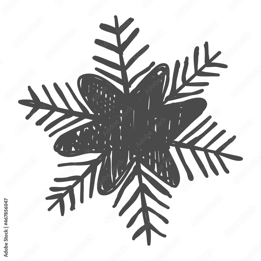 Hand drawn snowflake sketch doodle illustration. Handdrawn winter christmas concept.