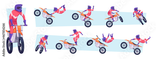 Freestyle motocross. Sport bike riders jump style exact vector motocross drivers in action poses
