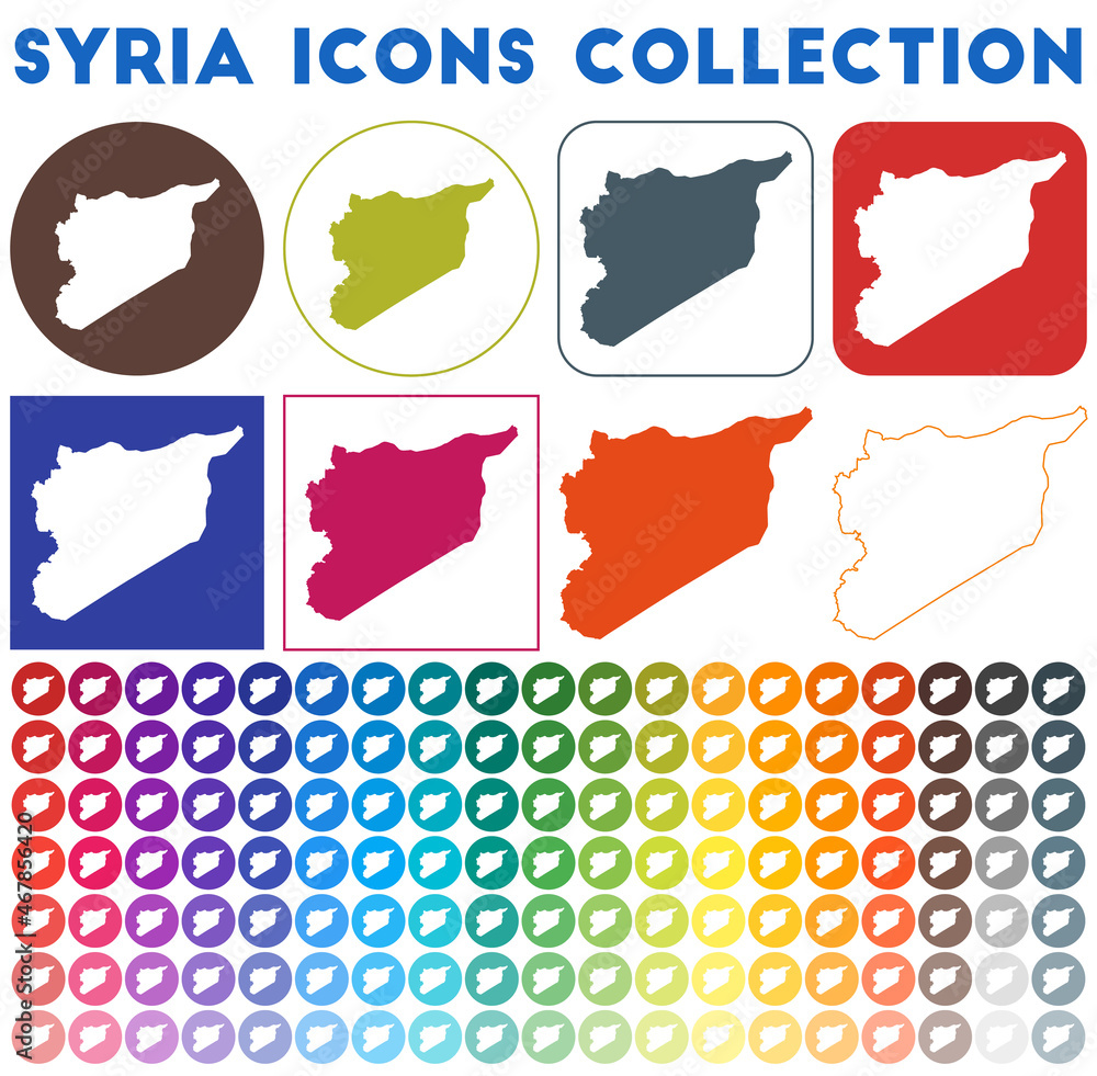 Syria icons collection. Bright colourful trendy map icons. Modern Syria badge with country map. Vector illustration.