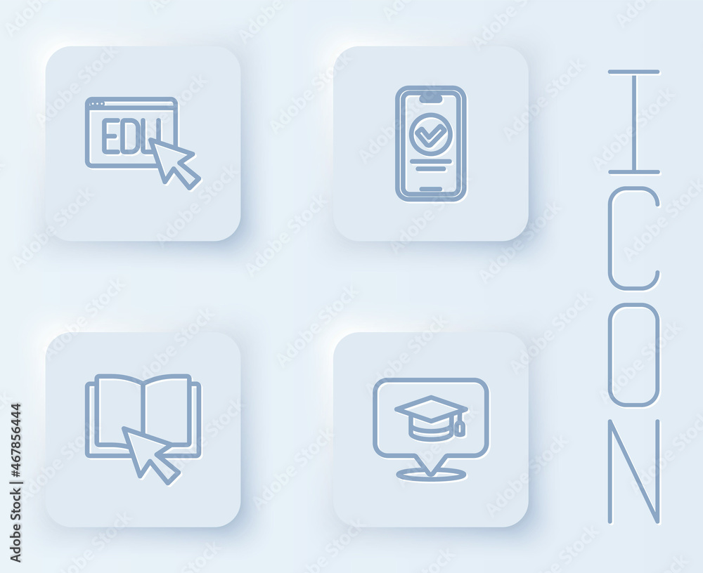 Set line Online education, quiz, test, survey, book and Graduation cap speech bubble. White square button. Vector Set line Online education, quiz, test, survey, book and Graduation cap speech bubble. White square button. Vector