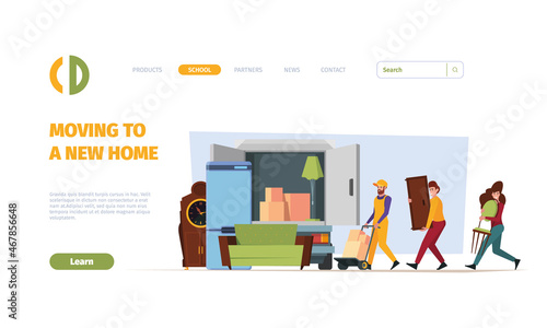 Relocation landing. Furniture transportation to new house people with cardboard packages garish vector web page template