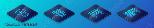 Set Isometric line Bench, Mushroom house, Swedish wall and Ferris wheel icon. Vector