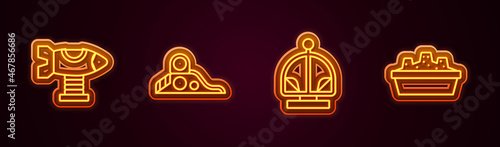 Set line Swing plane, Slide playground, Attraction carousel and Sandbox with sand. Glowing neon icon. Vector