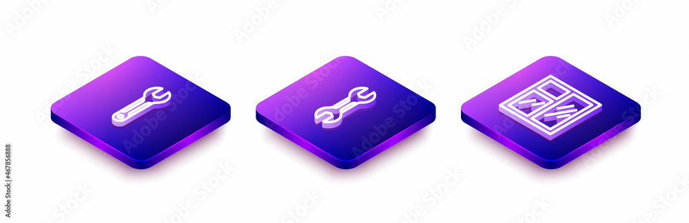 Set Isometric line Wrench spanner, and Window in room icon. Vector Set Isometric line Wrench spanner, and Window in room icon. Vector