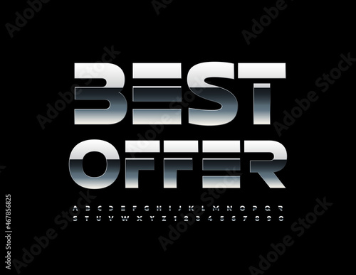 Vector silver Sign Best Offer. Metallic premium Font. Artistic Alphabet Letters and Numbers set photo