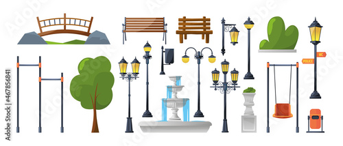 Urban park elements. Benches bushes fountain and furniture for outdoor street decoration garish vector flat pictures set