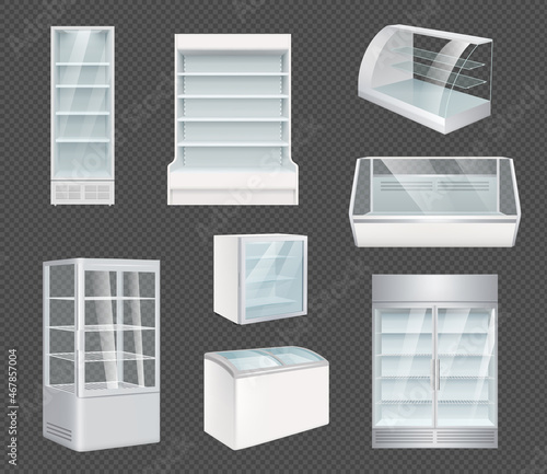 Refrigeration realistic. Retail open white refrigerators with ice for markets freeze interior decent vector templates set