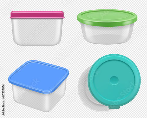 Plastic containers. Boxes for food various views containers collection decent vector realistic templates