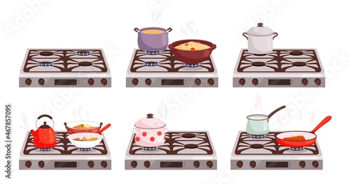 Cook on stove. Pots, frying pan over burning fire. Cooking process, isolated cartoon kitchen vector elements