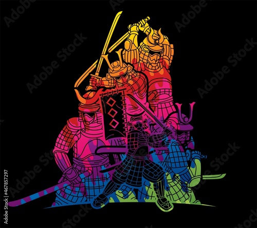 Group of Samurai Warriors or Ronin with Armor and Weapon Japanese Fighter Action Cartoon Graphic Vector