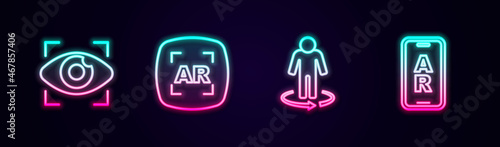 Set line Big brother electronic eye, Augmented reality AR, 3d modeling and . Glowing neon icon. Vector