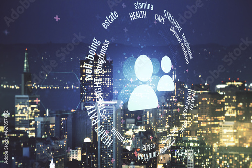 Abstract virtual people icons on San Francisco skyline background. Life and health insurance concept. Multiexposure