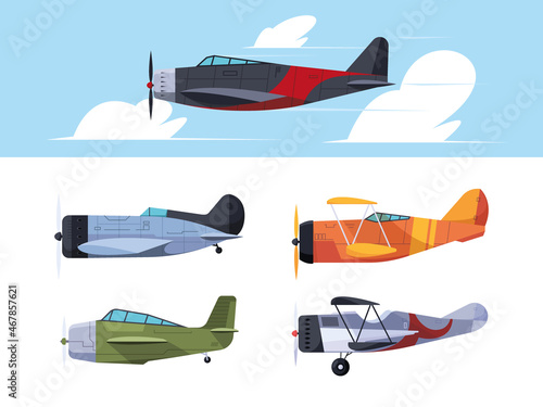 Retro plane. Civil aviation old style plane in sky travel symbols garish vector illustration in flat style