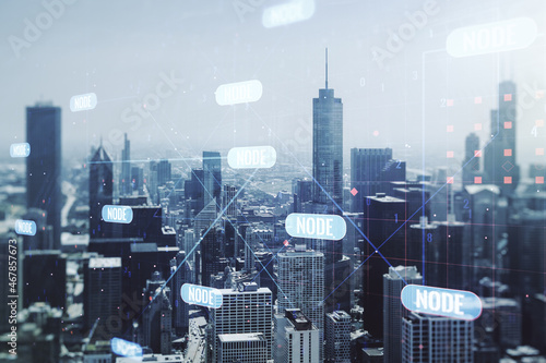 Double exposure of abstract creative programming illustration on Chicago office buildings background, big data and blockchain concept