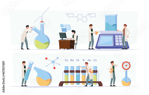 Chemist professor. Biology research processes in medical laboratory scientists experience garish vector flat background