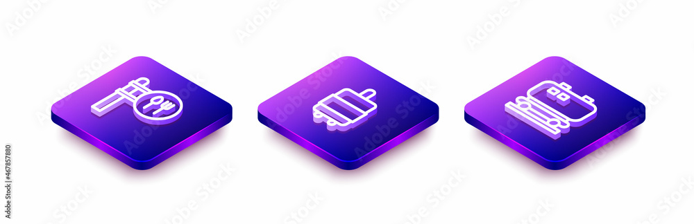 Set Isometric line Cafe and restaurant location, Suitcase and Oil railway cistern icon. Vector Set Isometric line Cafe and restaurant location, Suitcase and Oil railway cistern icon. Vector