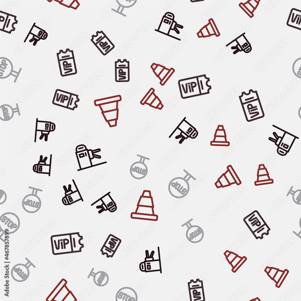 Set line Turnstile, Train ticket, Stop sign and Traffic cone on seamless pattern. Vector Set line Turnstile, Train ticket, Stop sign and Traffic cone on seamless pattern. Vector