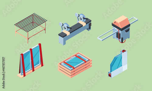 Window installation. Isometric worker interior renovation with plastic modern pvc windows fix doors plasterboards garish vector illustrations set collection