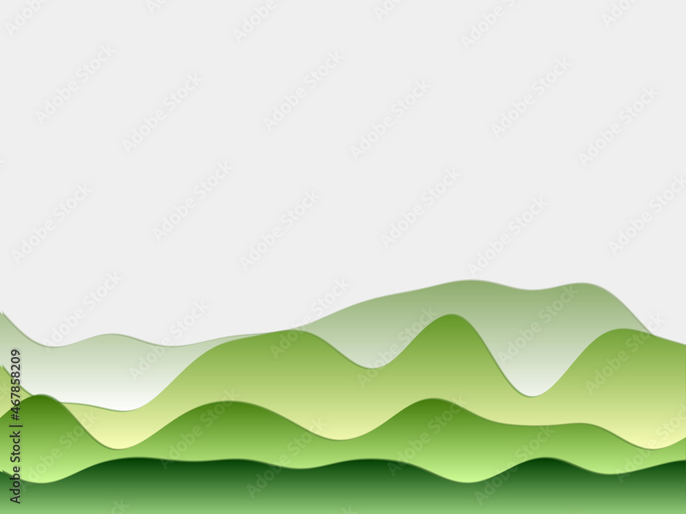 Abstract mountains background. Curved layers in light green colors. Papercut style hills. Elegant vector illustration.