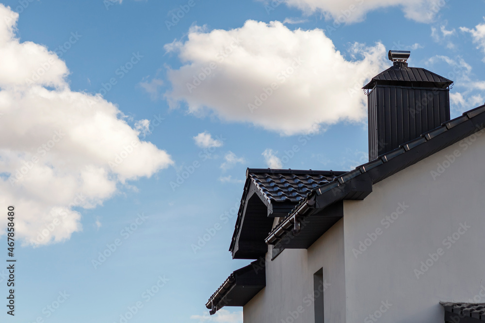 Modern Standig Seam Metal Roof, Fume Hoods, Snow Guard, rain Gutter and Metal plastered Chimney 