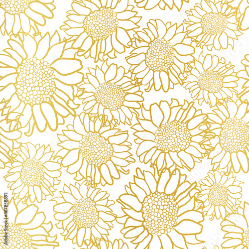 Gold outlined sunflowers seamless pattern on white background