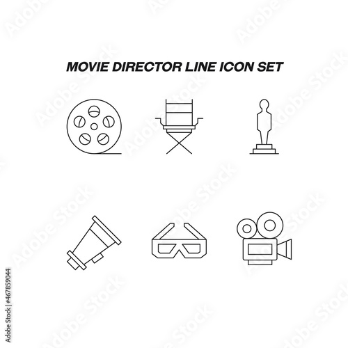 Cinematography concept. Movie line icon set. Collection of vector signs of cine film, directors armchair, award statue, 3d glasses, video camera