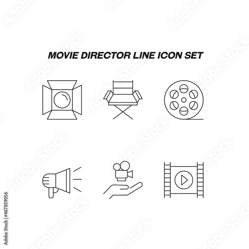 Cinematography concept. Movie line icon set. Collection of vector signs of studio light, directors armchair, cine film, loud speaker, videocamera, film, celluloid