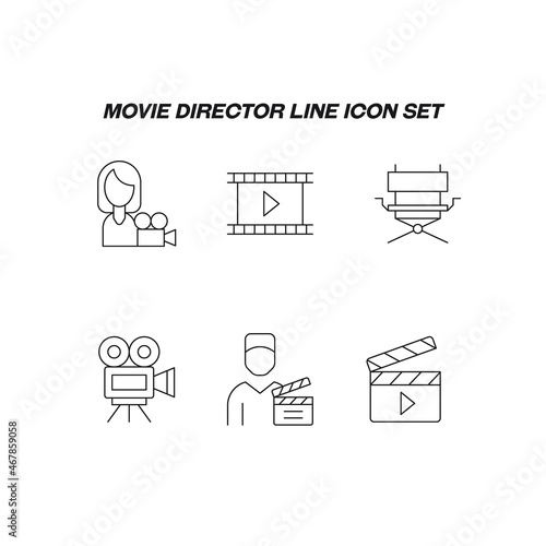 Cinematography concept. Movie line icon set. Collection of vector signs of female movie director, cine film, directors armchair, clapperboard, videographer
