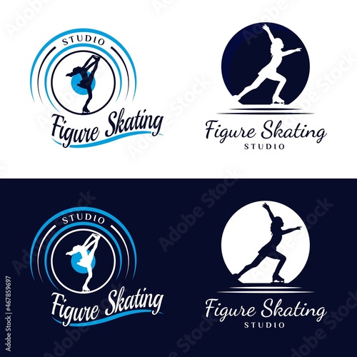 Women Figure Skating Logo Design. Logo design for ice skating dance studio. Vintage, classic, luxury, and premium Logo