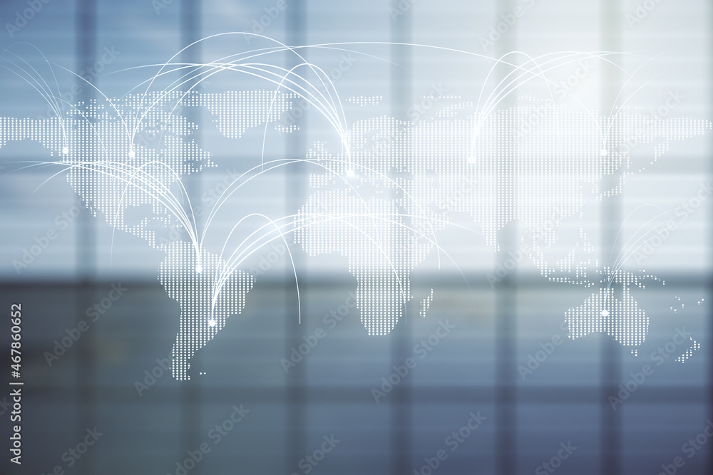 Fototapeta premium Double exposure of abstract digital world map hologram with connections on empty modern office background, research and strategy concept
