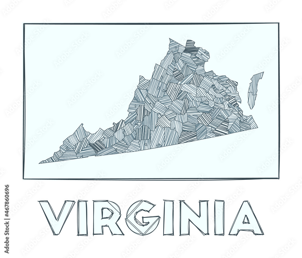 Fototapeta premium Sketch map of Virginia. Grayscale hand-drawn map of the US state, filled with hachure stripes. Vector illustration.