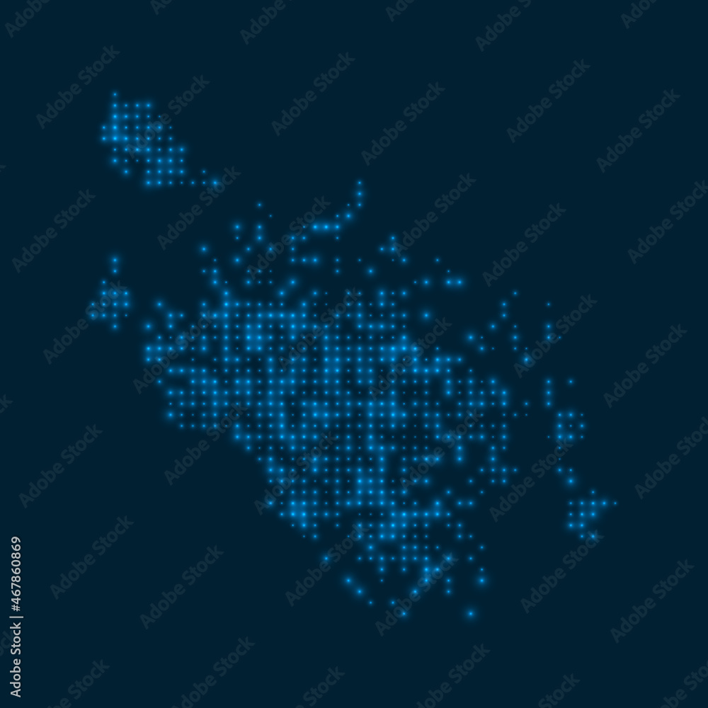 Cat Ba Island dotted glowing map. Shape of the island with blue bright bulbs. Vector illustration.