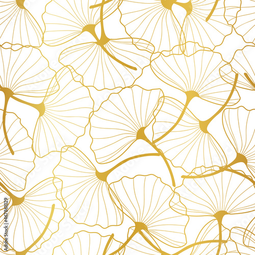 Ginkgo leaves seamless pattern gold outline on white background