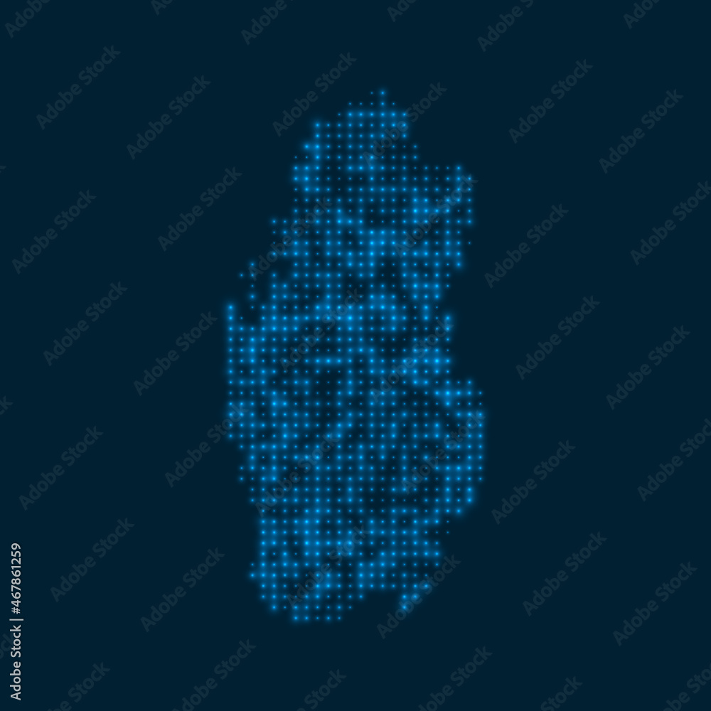 Qatar dotted glowing map. Shape of the country with blue bright bulbs. Vector illustration.