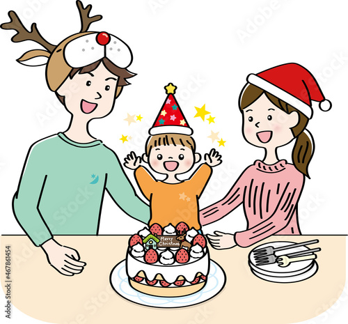 家族でお祝い・誕生日会・クリスマス/This is an illustration of a family celebration. It is an illustration of a birthday party. It is an illustration of Christmas.