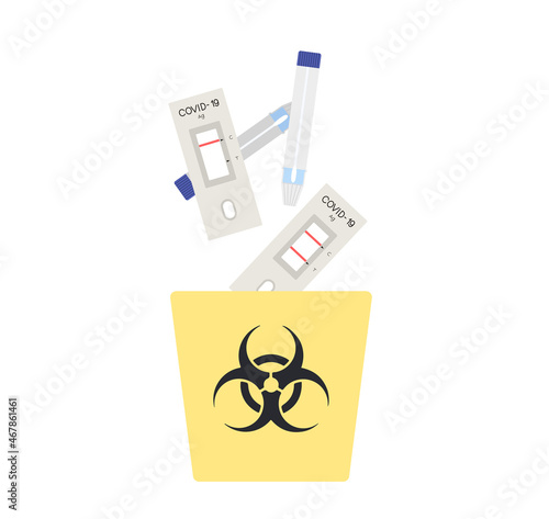 Used Rapid Antigen Test Kit wastes dispose in the infectious bin. How to dispose contaminated wastes correctly. Biological hazard infectious waste symbol on yellow bin. Flat vector illustration.