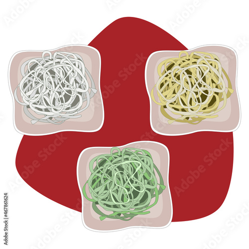 Noodles. Three different type of noodles in square plate. Isolated white, yellow and green noodles plate on white background. Asian food vector illustration. 