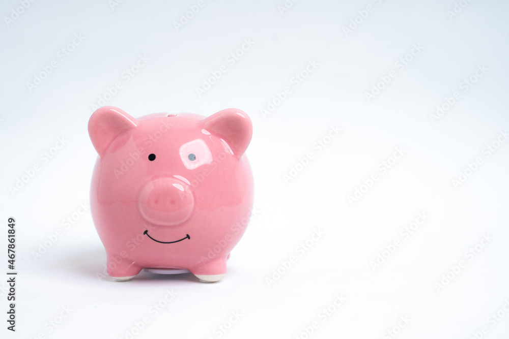 The piggy bank smiling in the white background.