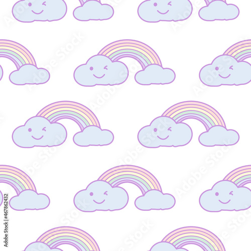 Smile cloud and rainbow seamless pattern on white background.