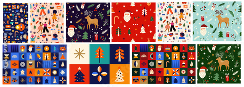 Big set of New Year and Christmas seamless patterns with holiday symbols and elements. Christmas and New Year vector backgrounds 