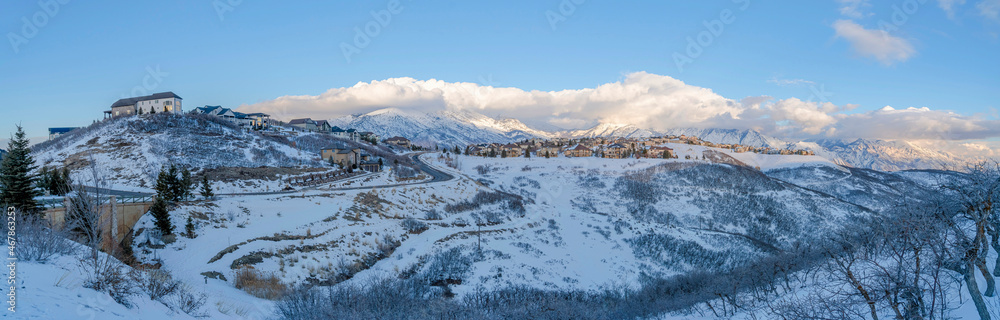 Mountainside residential community of Draper in Utah covered with snow