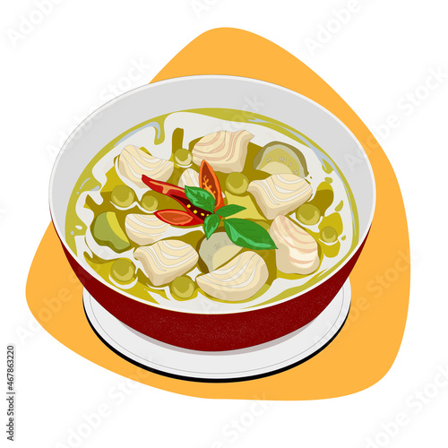 Thai food Green curry. Isolated bowl of green curry on white background. Close up hand drawing Thai food vector illustration. Authentic anime food. 