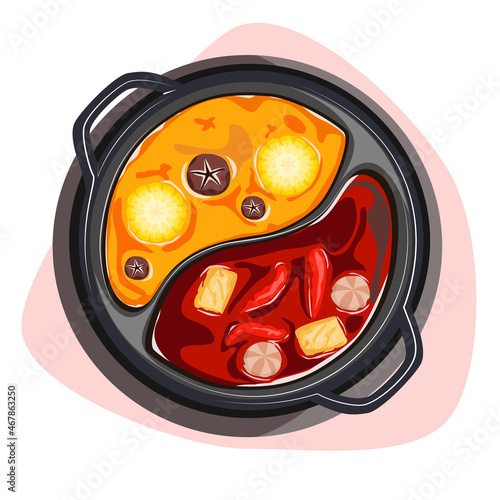 Hot pot. Isolated two flavour hot pot soup on white background. Top view chalu pot vector illustration.