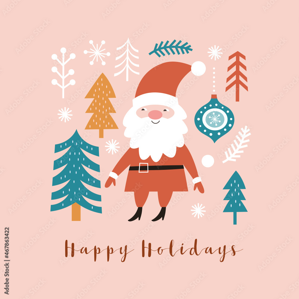 Christmas illustration. Cute santa, christmas trees, fir branches, snowflakes. Set of xmas symbols in childish style